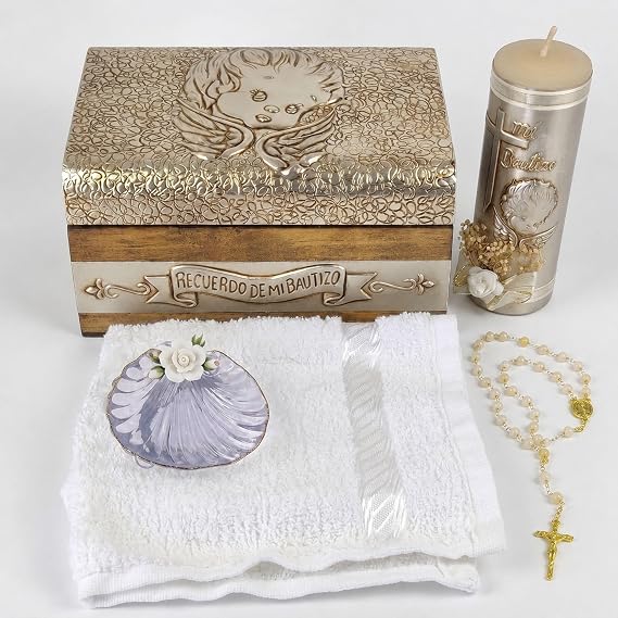 Complete Baptism Candle Set Unisex 5 pc | Baptism kit Catholic with Rosary | Christening candle set for boys and girls | Reinforced packaging arrives pristine | Vela para bautizo de nina y nino unisex