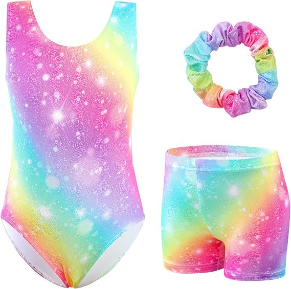 XiaoMoSha Girls Three-Piece Gymnastics Leotards Set Sleeveless Leotards with Shorts and Hairband Sparkly Gradient Color Ballet Dance Unitards Gymnastics Outfits for Kids 3-12 Years