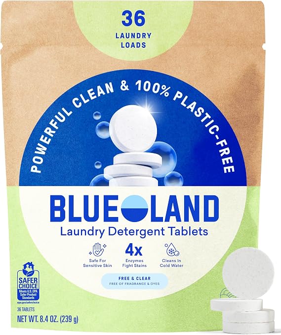 BLUELAND 100% Plastic-Free Laundry Detergent Tablets, 36ct, Free & Clear