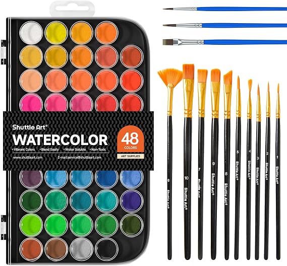 Shuttle Art 58 Pack Watercolor Paint Set, 48 Colors Watercolor Pan with 10 Paint Brushes for Beginners, Artists, Kids & Adults to Water Color Paint, Bullet Journal, Calligraphy Practice
