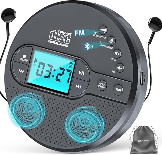 Portable CD Player with Bluetooth with 2000mAh Rechargeable Battery | Personal CD Player for Car with Anti-Skip,FM Transmitter,Headphone,LCD Screen,AUX,Built-in Stereo Speaker,USB(Dark Gray)