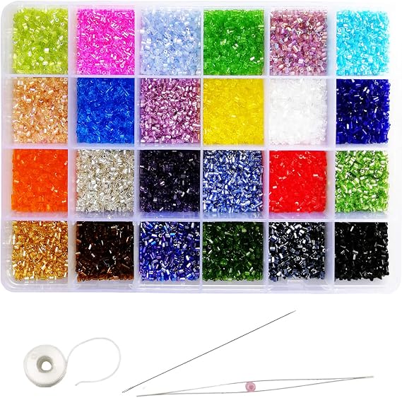 Size 11/0 Crafts Glass Seed Beads 2mm Bugle Beads Beading Needles with Organizer Box for Jewelry Making (24 Assorted Multicolor Set, Total About 21600pcs)