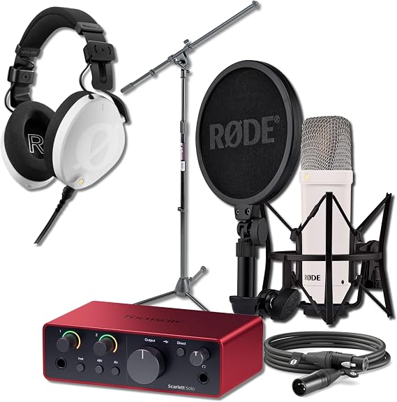 Rode NT1 Signature White Condenser Microphone Bundle with Focusrite Scarlett Solo 4G USB-C Interface, On-Stage MS7701B Boom Stand, and Rode NTH-100 White Headphones 4 dBA Self-Noise, Air Mode