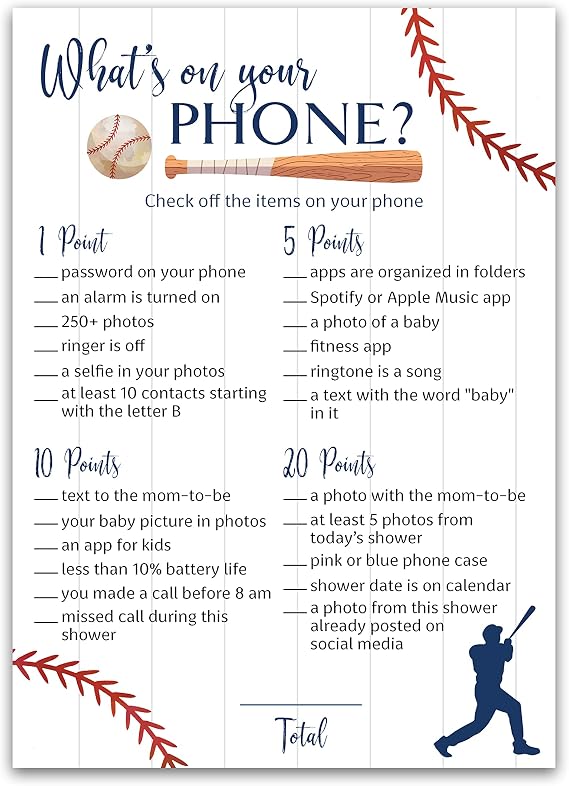 BASEBALL Baby Shower Games WHAT'S ON YOUR PHONE Baby Shower Game Pack of 25, Rustic Sports Theme Navy Blue BOY, Little Slugger Shower Activity Gender Neutral Reveal Party G900-PHN