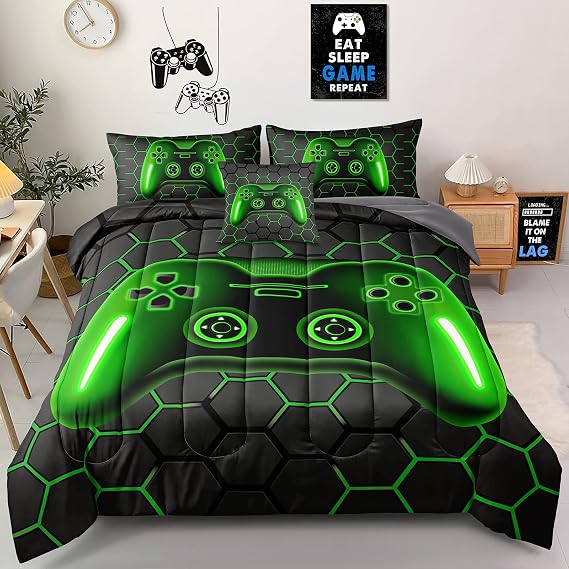 Gamer Bedding Set, 5 Piece Twin Size, Green, for Boys Girls Kids Teens, Video Game Bedding Decorative Bed in a Bag with Comforter, Sheets, Pillow Case, Cushion Cover