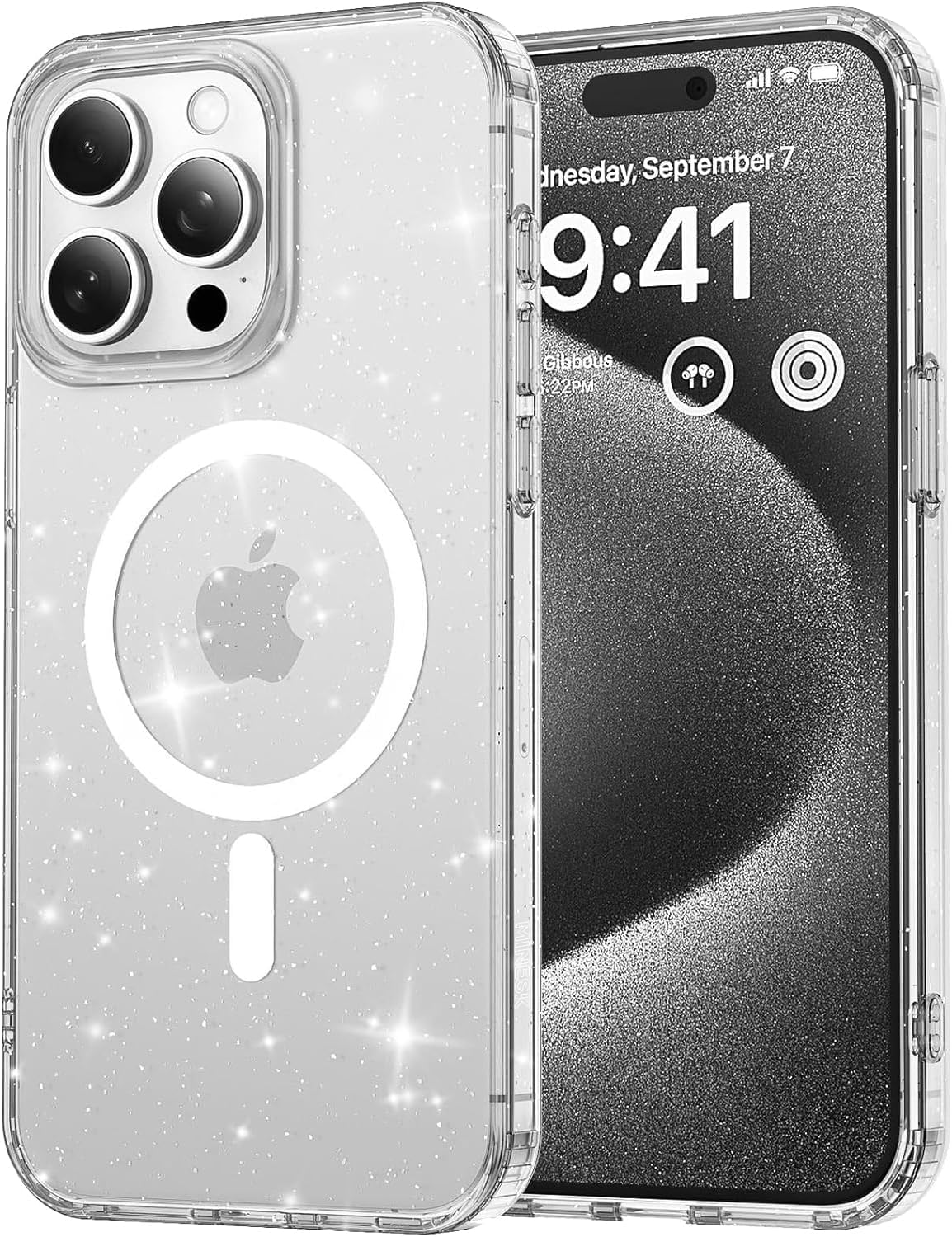 Glamorous and Stylish Glittery Back Design Compatible with MagSafe MagShine Series for Minesk iPhone 13 and 14 High Quality Material Premium Hybrid Case Cover Transparent, 1314