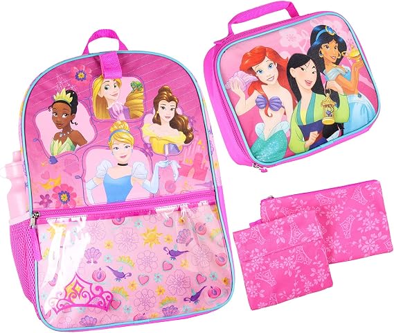 Disney Princess 16 Backpack for Girls 5 Piece School Lunch Box Set