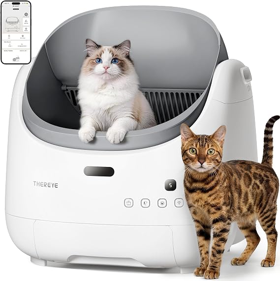 Thereye Self Cleaning Cat Litter Box, Open Top Automatic Litter Box | APP Control Smart Litter Box, Safety Sensors and Odor Control, Adjustable Entry Height