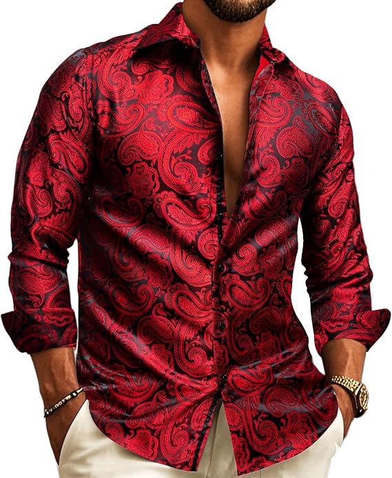 Barry.Wang Men's Silk Shirts Button Down Dress Shirt for Men Satin Paisley Floral Long Sleeve Cowboy Casual Mexico Shirts