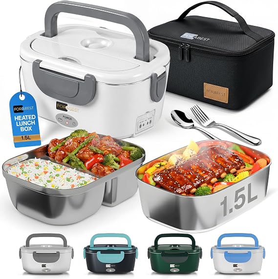 FORABEST Heated Lunch Box,2 Trays Electric Lunch Box for Adults-White Gray | 80W Portable Food Warmer 2 Stainless Steel Containers 1.5L, Carry Bag, Leakproof Lid, 12V/24V Car/Truck, 110/220V Home/Office