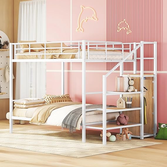 Bellemave Full Over Full Bunk Bed,Bunk beds with Storage Stairs and Wardrobe, Bunk Bed for Adults/Kids/Teens, Bunk beds for School, Bedroom, White