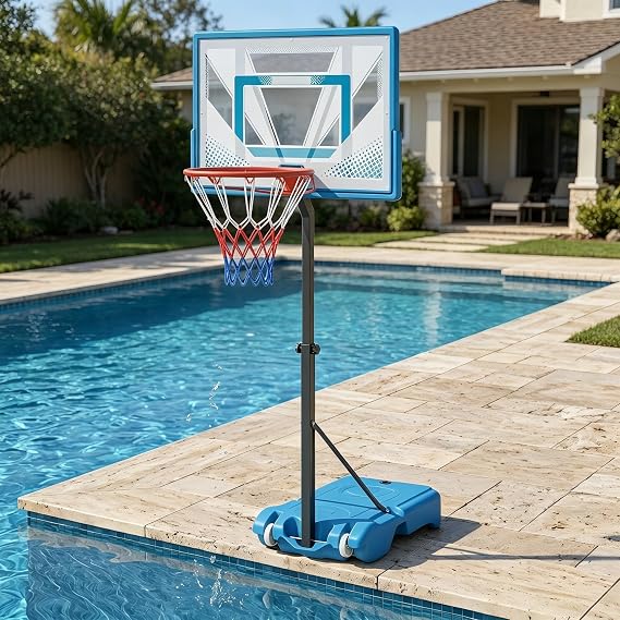 GYMAX Pool Basketball Hoop, Stainless Steel Adjustable 32" Portable Basketball Hoop for Pool with Fillable Base, Shatterproof Backboard, Swimming Pool Basketball Hoop Poolside (Blue+Black)
