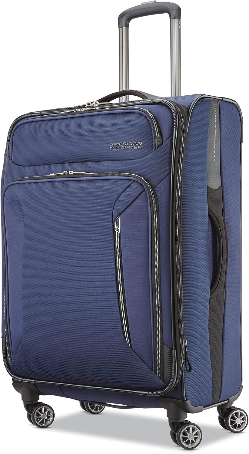 American Tourister Zoom Softside Luggage with Spinner Wheels Navy, Checked-Medium 25-Inch, Navy, Checked-Medium 25-Inch, Zoom Softside Luggage With Spinner Wheels