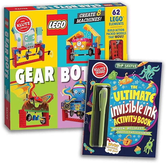 Klutz Lego Gear Bots Science Building Kit Invisible Ink Activity Book, 62 Elements to Make 8 Different Versions of Moving Machines