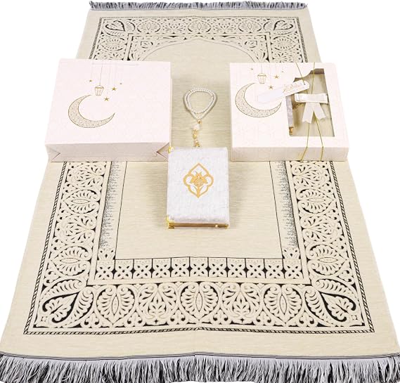 IEF Muslim Prayer Rug Islamic Prayer Mat Quran Prayer Beads Gift Set, Ramadan Eid Gifts, Birthday Gifts for Women, Mothers Day Gifts, Velvet Prayer Rug Arabic Quran Pearl Tasbeeh