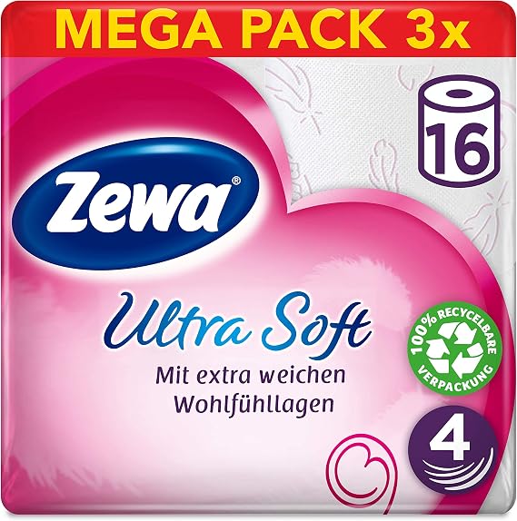 Zewa Ultra Soft Toilet Paper, Extra Soft Toilet Paper, 4-Ply with Reliable Comfort Layer Quality, 1 x Storage Pack of 48 Rolls, 16 Count (Pack of 3)