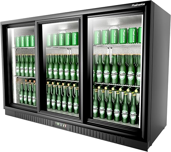 54 inch Commercial Back Bar Cooler, Triple Sliding Glass Door | Under Counter Display Fridge, 10.8 cu.ft., 335 Cans, Lockable, 32-50F Auto Defrost, LED Light, Removable Shelves, NSF7 & ETL
