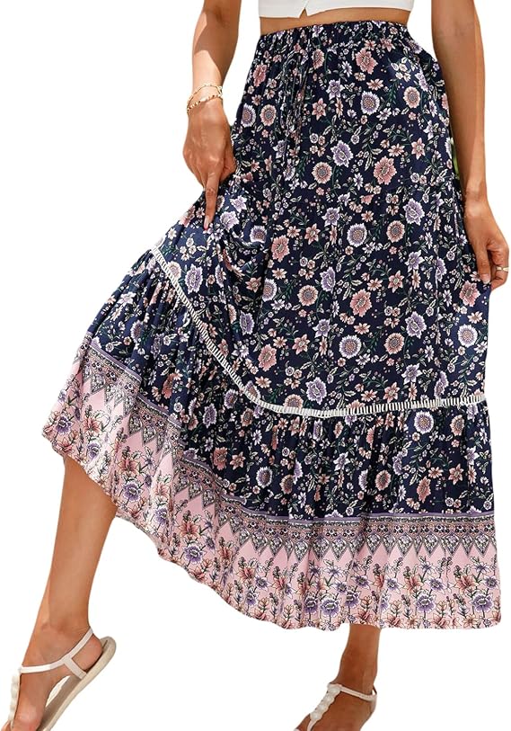 ZUEVI Womens Long Skirts Bohemian Elastic High Waist A Line Maxi Skirt for Women Summer Flowy Swing Pleated Midi Skirts (Navy Blue-XL)