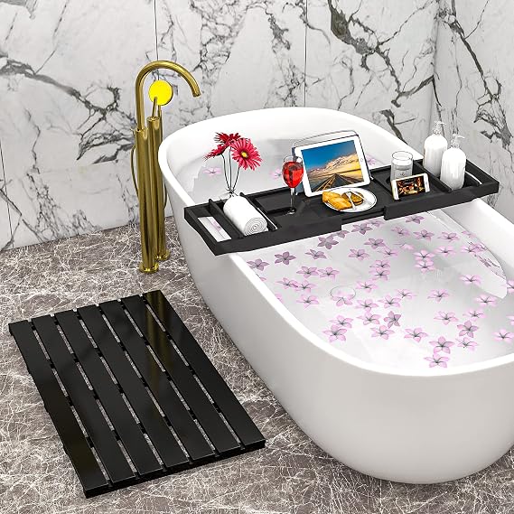 Domax Bathtub Caddy Tray and Bamboo Bath Mat for Luxury Spa Bath Black