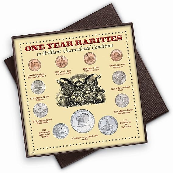 American Coin Treasures One Year Rarities Eleven Coin Display Boxed Set: Uncirculated US Coins - Minted! 1976 Bicen Eisenhower Dollar + JFK $.50 Lincoln Cent Jefferson Nickel & Washington Quarter