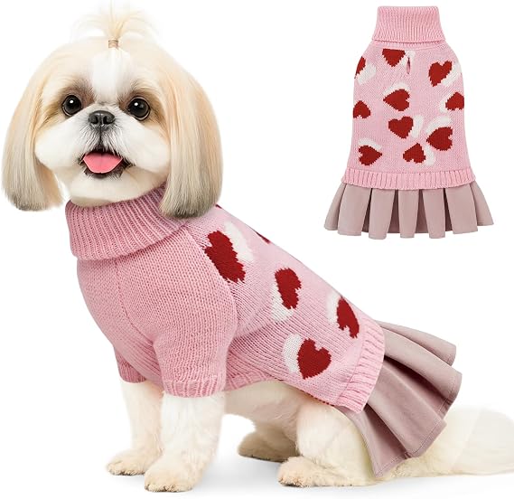 WOYYHO Small Dog Sweater Dress, Turtleneck Dog Sweater Pleated Skirt