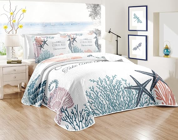 weesire Nautical Queen Quilt Set, Coastal Bedding, 3 Piece, 90"x96"