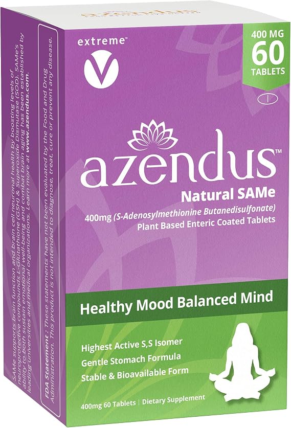 Azendus SAM-e Mood Support 400mg, 60 Count, Same Butanedisulfonate Fiber Enteric Coated Tablets
