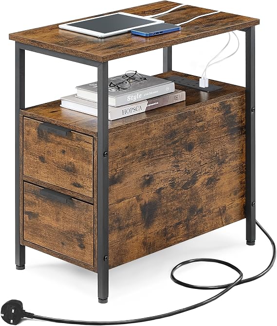 VASAGLE Slim Side Table with Charging Station, Narrow End Table with 2 Drawers, Bedside Table with Storage, for Living Room, Bedroom, Rustic Brown and Classic Black LET326B01