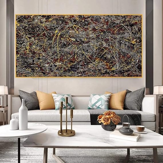 HYFBH Canvas Paintings Jackson Pollock - Famous Abstract Art Paintings Poster and Canvas Prints Wall Pictures for Home Decor 70x162cm/28x64inch With Golden Framed