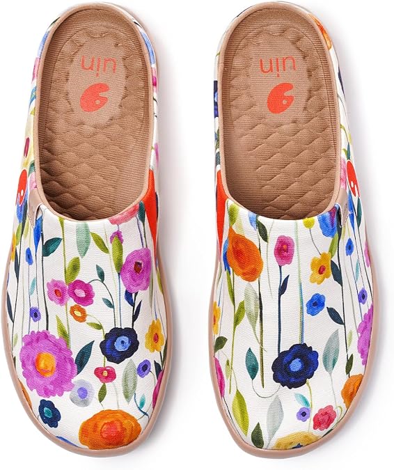 UIN Women's Slip On Mules Comfortable Flat Lightweight Wide Toe Clog Casual Art Painted Travel Shoes Malaga Series