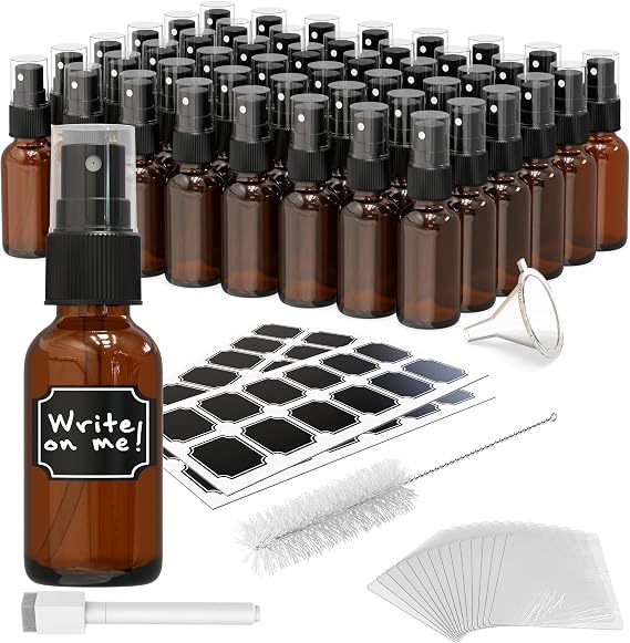 Nevlers Amber Glass Small Travel Spray Bottle 1 Oz Mini Mister 48 Pack Set