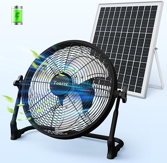 14" Portable Battery Operated Solar Fan, Rechargeable Floor Fan, Hi-Velocity Cordless Camping Fan, USB Phone Charge, 12-60H Runtime, Quiet, Wireless, For Travel Shed Outdoor Home Garage Tent Car Barn
