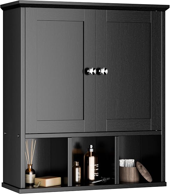 Bathroom Wall Cabinet, Bathroom Cabinet Wall Mount with 2 Doors and 3 Open Shelves, Over the Toilet Wood Medicine Cabinets for Laundry Room, Black