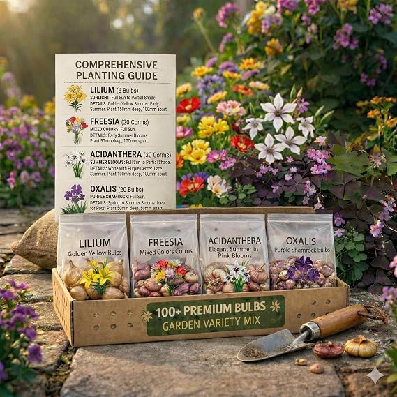 Bee & Butterfly Garden Spring & Summer Flower Bulb Mix 100 Easy-Care Perennial Bulbs, Party Collection with Lily, Freesia, Acidanthera & Oxalis, Sun-Loving Pollinator Garden Bulbs, Zones 3-11