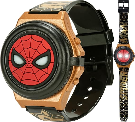 Marvel Spider-Man Kids' LCD Watch Light-Up Flip Top Design with Glowing Eye Cover, Gold-Tone Accents, and Adjustable Silicone Strap Durable and Fun for Ages 5+