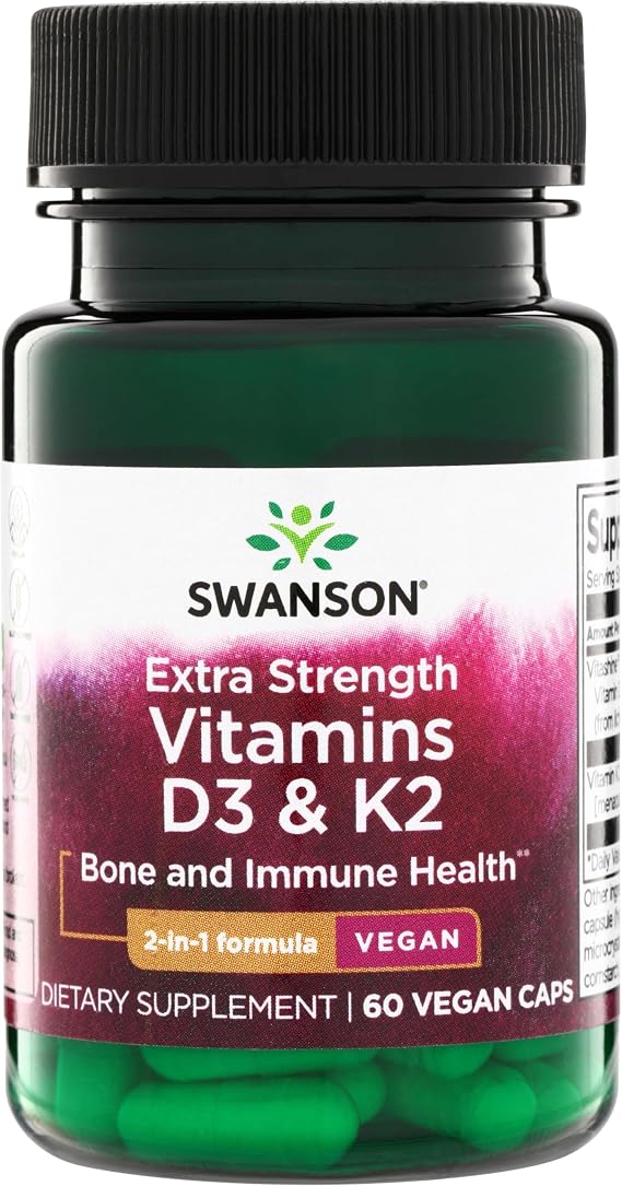 Swanson Extra Strength D3 & K2, 5000 IU & 100 mcg, 60 Veg Caps | A Combination Formula for Proper Calcium Utilization Using the Best-Absorbed Forms of Vitamins D and K