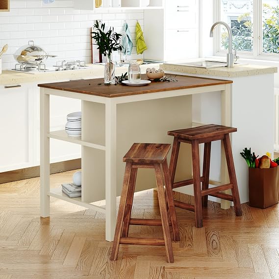3-Piece Solid Wood Dining Table Set, Rustic Kitchen Island Set with 2 Seating, Rubber Wood Butcher Block Dining