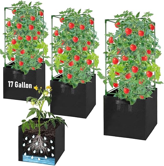 3 Pack Tomato Cages with 17 Gallon Grow Bags, 47 Heavy Duty Square Tomato Plant Stakes Support Cages Trellis for Garden Climbing Vegetables Flowers Fruits (47IN Tall, Extra-Bold)