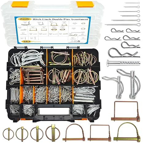 383 PCS Heavy Duty Pin Assortment Kit, Hitch Pins R Clip PIns/Hair Pins/Lynch Pins /PTO Pins/Clevis Pins/Cotter Pins for Trucks Trailers Tractors Mowers 3 Point Accessories, Farm,Lawn and Garden