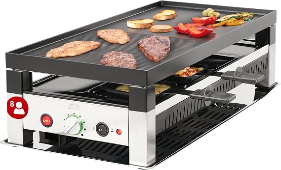 Solis Raclette Table Grill 4-in-1 with Grill Plate & Crepe Function - 1200W Top & Bottom Heat Non-Stick 8 Pans Mini Pizza & Raclette Enjoyment for Family & Friends