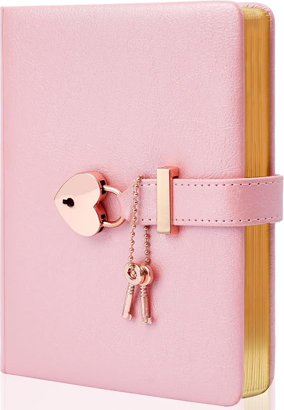 CAGIE Heart Shaped Lock Diary with Key for Girls PU Leather Cover Journal Personal Organizers Secret Notebook for Women, B6 Size 5.3x7 inch, Pink