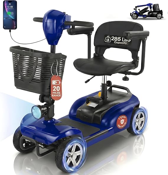 DECOMIL Mobility Scooter for Seniors 20 Miles Range, 4 Wheel Foldable Electric Scooter, 24V 20Ah Battery, 300W Motor, 285 lbs Capacity, Travel Scooter