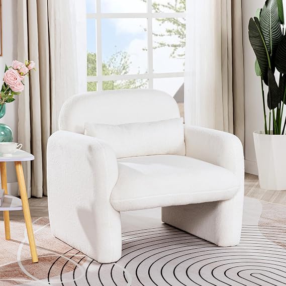 Modern Accent Chair, Comfy Teddy Fabric Armchair with Arms and Pillow, Upholstered Reading Chairs, Leisure Single Sofa Chair for Bedroom, Office, Apartment and Living Room (Beige)