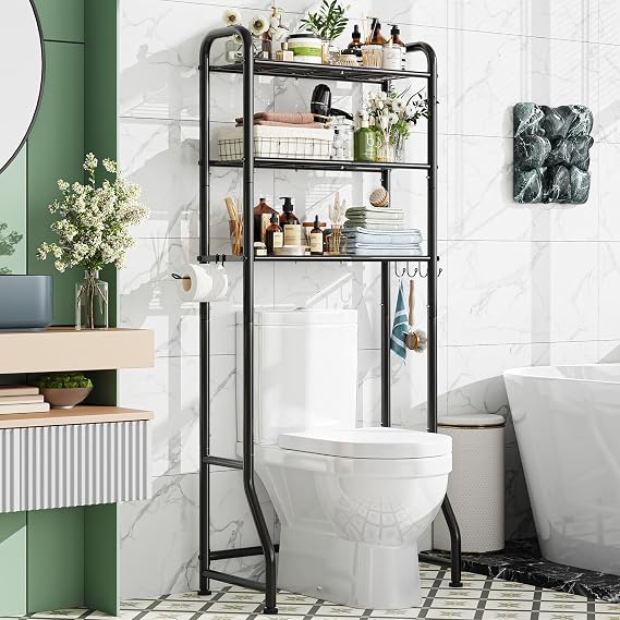 Simple Trending Over The Toilet Storage Rack, Metal 3 Tier Bathroom Organizer Shelf with Paper Holder and 3 Hooks, Freestanding Shelf Space Saver Above Toilet,Black