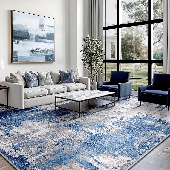 Modern Abstract Washable Area Rugs 250x380cm(8.2×12.5ft) Blue Grey Distressed Soft Non-Slip Floor Mat Carpet for Living Room Entryway Bedroom Dining Room Home Office Decor, Navy Gray