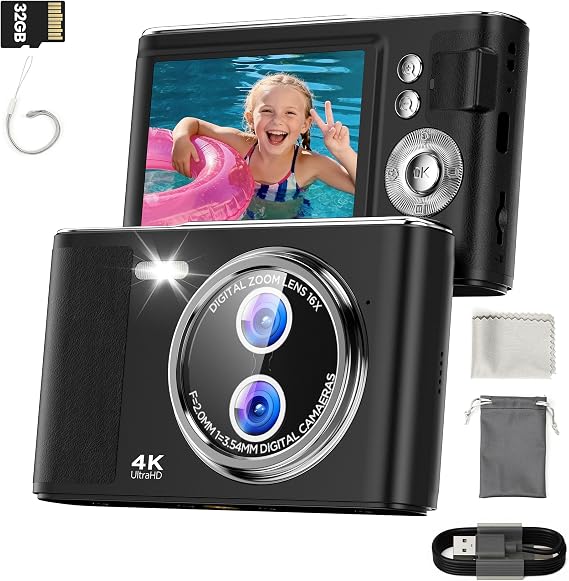 32GB Digital Camera Compact 48MP Autofocus 16X Digital Zoom Photo Camera | 2.8 Inch 4K LCD Screen Portable Vlogging Photography Camera for Kids, Beginners, Teens, Students with Lanyard