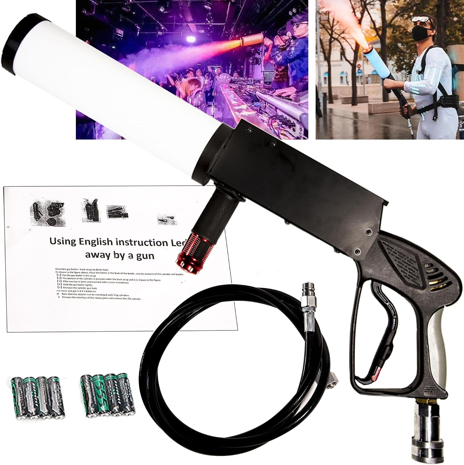 Smoke Machine Handheld CO2 Fog Machine with RGB Lights Cannon Jet Machine Stage Effect Equipment Tube D3.35inch w 3m Hose, for DJ Stage, Party, Wedding, Special Event, Music Festival