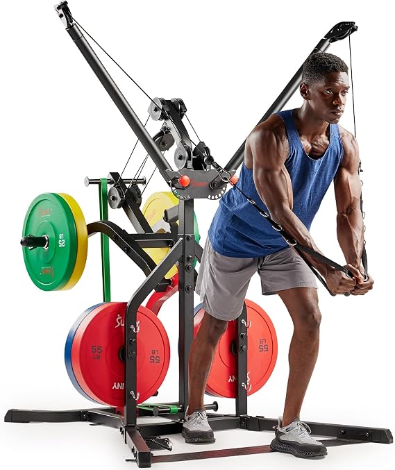 Sunny Health & Fitness All-in-One Pulley Cable Home Gym Strength Trainer | Resistance Band Holder, Foot Plate, Adjustable Angles, Olympic Plate Ready, Bi-Directional Cables, Full Range Motion
