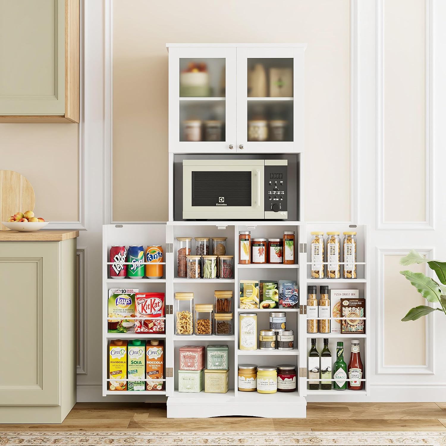 FOTOSOK Kitchen Pantry Storage Cabinet, 63 Tall Pantry Cabinet with Glass Doors and Adjustable Shelves, Kitchen Cabinet Cupboard with Microwave Stand, Kitchen Hutch Utility Pantry for Dining Room