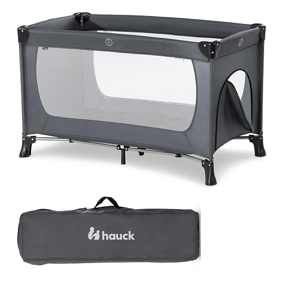 Hauck Dream'n Play Plus Compact Foldable Travel Cot for Babies and Toddlers Up to 33 Pounds, with Side Hatch and Transport Bag Included, Grey